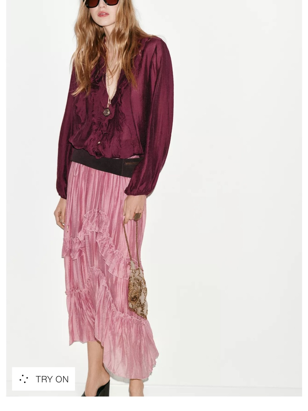 NWT Zara Pink Ruffle Tiered Midi Skirt